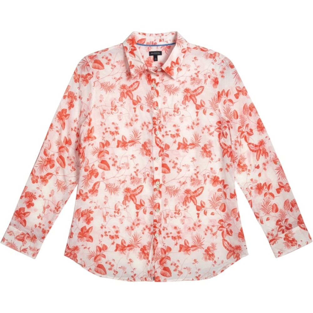 Talbots Womens L Orange White Tropical Monkey Botanical Cotton Button Down Shirt